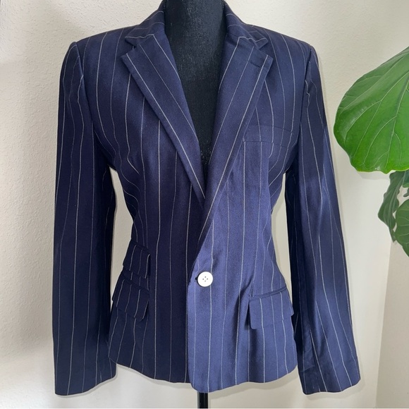 Ralph Lauren Women’s Rugby Single Breast White Pinstriped Navy Blue Blazer NWT - Picture 1 of 15